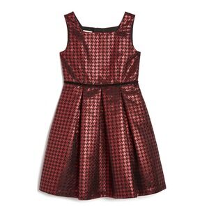 Pippa‎ & Julie Girls Red Black Houndstooth Metallic Fit Flare Dress Size 7